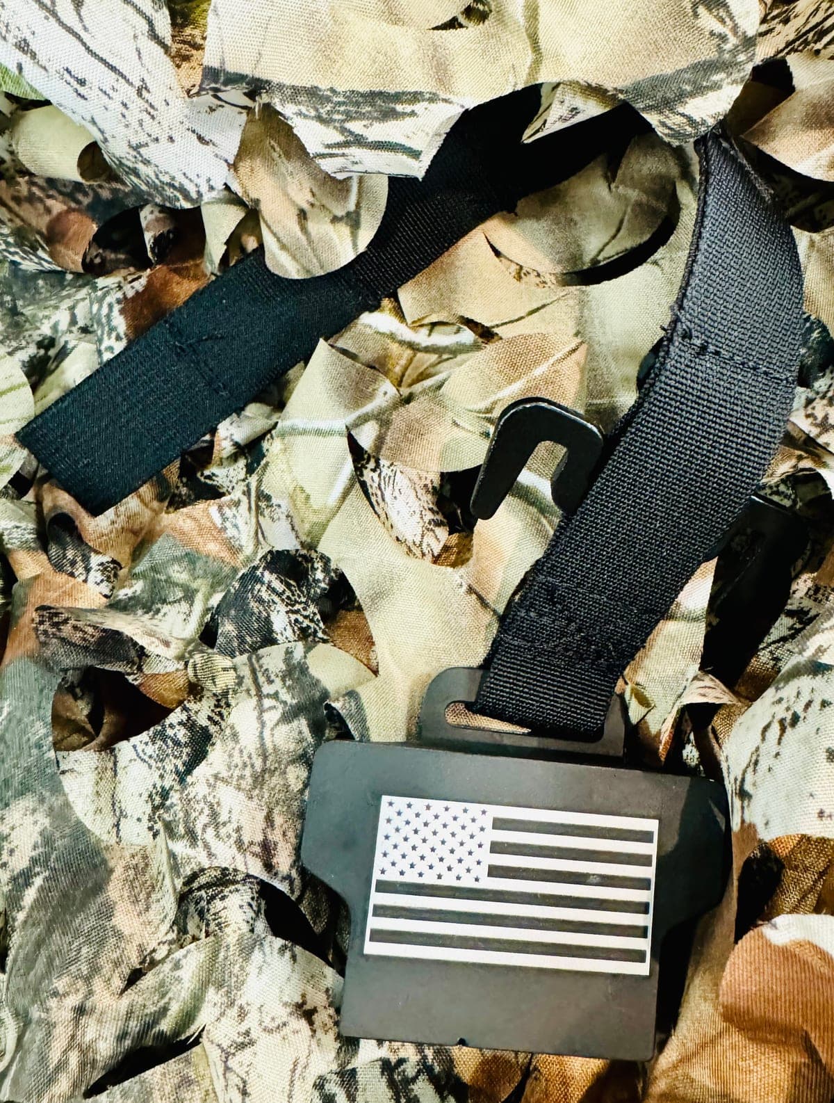 Law Weapons Tactical Shield Hook — black aerospace-grade aluminum with American flag